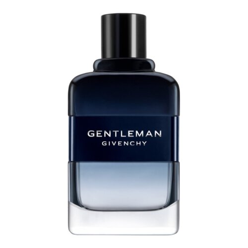 Na zdjęciu widoczna jest butelka perfum o ciemnoniebieskim kolorze z napisem "GENTLEMAN GIVENCHY" na froncie. Butelka ma prosty, elegancki design z czarnym korkiem.