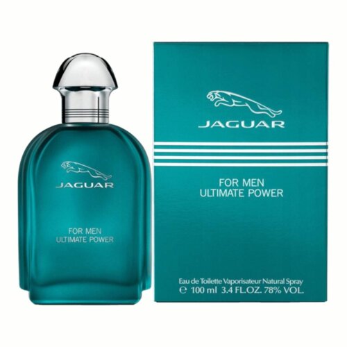 Na zdjęciu widoczna jest butelka i pudełko perfum w kolorze turkusowym z napisem "JAGUAR FOR MEN ULTIMATE POWER". Na pudełku znajduje się dodatkowy tekst: "Eau de Toilette Vaporisateur Natural Spray, 100 ml, 3.4 FL.OZ. 78% VOL.".