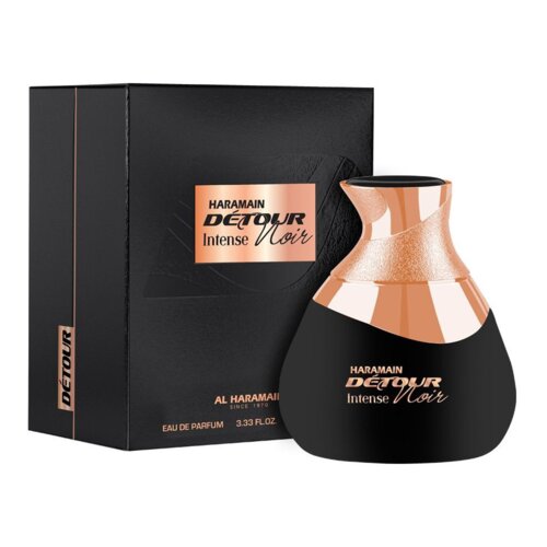 Czarne opakowanie i flakon perfum z miedzianymi akcentami, na których widnieje napis: "Haramain Detour Intense Noir". Na opakowaniu znajduje się również tekst: "Al Haramain Since 1970, Eau de Parfum, 3.33 FL.OZ.".
