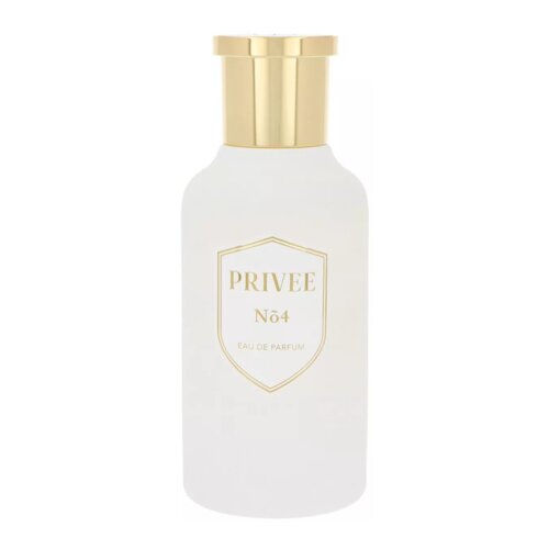 Biały flakon perfum z złotym korkiem, na którym widnieje napis "PRIVEE No4 EAU DE PARFUM". Flakon ma elegancki, minimalistyczny design z delikatnym złotym obramowaniem wokół napisu.