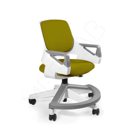Ergonomiczny fotel dla dziecka w kolorze oliwkowym z białymi i szarymi elementami, posiada kółka oraz podłokietniki. Na zdjęciu widoczne jest logo "MEDIA EXPERT".
