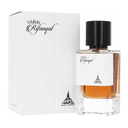 Biały kartonik z czarnym napisem "Rifaaqat" oraz logo "Paris Corner" obok przezroczystej butelki perfum z czarnym korkiem, na której znajduje się podobny napis i logo. Wewnątrz butelki widoczny jest bursztynowy płyn.