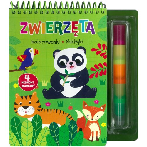 Zwierzęta. Kolorowanki, naklejki, 4 neonowe markery