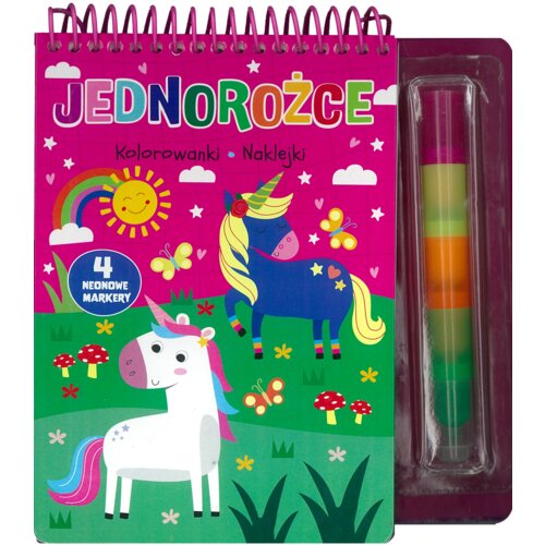 Jednorożce. Kolorowanki, naklejki, 4 neonowe markery