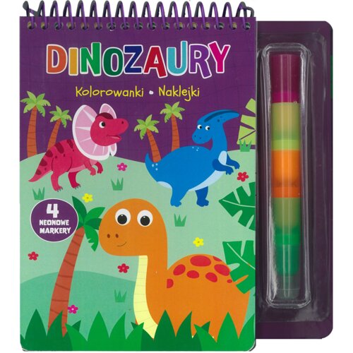 Dinozaury. Kolorowanki, naklejki, 4 neonowe markery