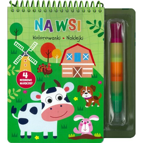 Na wsi. Kolorowanki, naklejki, 4 neonowe markery