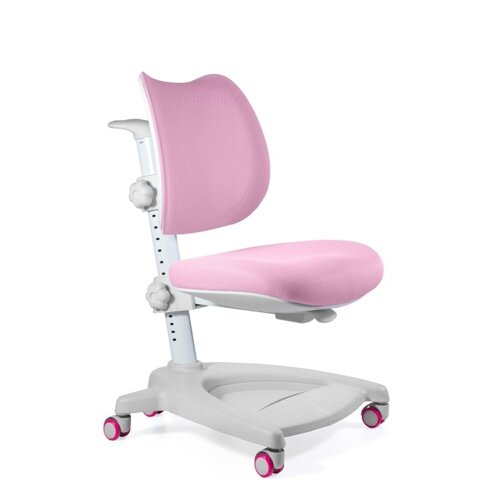 Różowy fotel dla dziecka wykonany z tkaniny i siatki, z białą, regulowaną podstawą i różowymi kółkami. Fotel posiada ergonomicznie wyprofilowane oparcie i siedzisko.