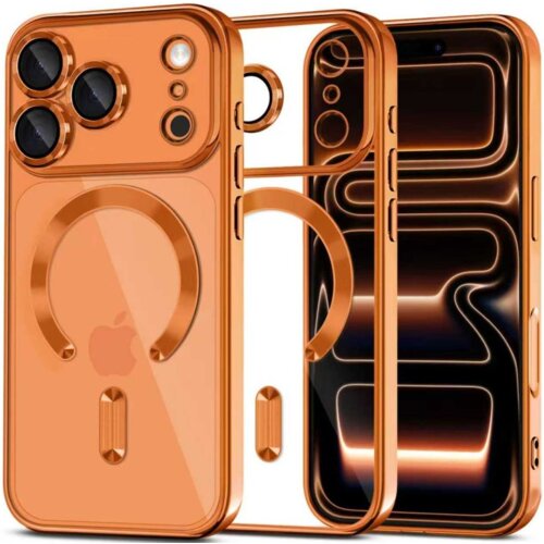 Przezroczysto-pomarańczowe etui na telefon z widocznym okrągłym wzorem i wycięciami na aparat oraz przyciski. Na etui znajduje się logo w kształcie jabłka.