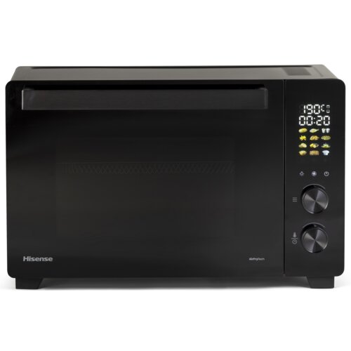 Czarny mini piekarnik z wyświetlaczem cyfrowym pokazującym temperaturę 190°C i czas 00:20, z ikonami różnych potraw oraz dwoma pokrętłami sterującymi. Na urządzeniu widoczne są napisy "Hisense" i "AirFryTech".