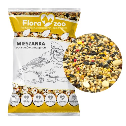 Opakowanie karmy dla ptaków zimujących marki Flora Zoo z ilustracją ptaka na gałęzi i napisem "MIESZANKA DLA PTAKÓW ZIMUJĄCYCH". Widoczne są różnorodne nasiona w okrągłym powiększeniu oraz logo Flora Zoo z napisem "Producent art. zoologicznych i ogrodniczych".