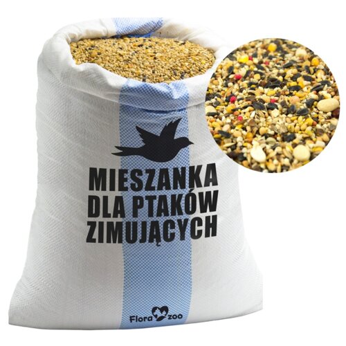 Biały worek z niebieskim paskiem zawiera mieszankę ziaren, z napisem "MIESZANKA DLA PTAKÓW ZIMUJĄCYCH" oraz logo FloraZoo. Obok worka znajduje się zbliżenie na różnorodne ziarna w mieszance.