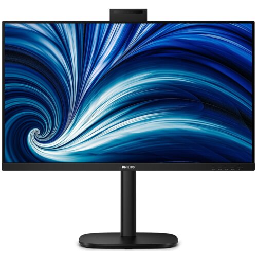 Na zdjęciu widoczny jest monitor z wyświetlaczem prezentującym dynamiczny, niebieski wzór przypominający wir. Na dolnej ramce monitora znajduje się logo "PHILIPS".