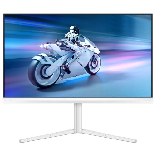 Monitor z wyświetlaczem przedstawiającym futurystyczny motocykl z postacią w zbroi, poruszający się po rozmytym tle w odcieniach niebieskiego i fioletowego. Na ramce monitora widoczne są napisy "EVNIA" i "PHILIPS".