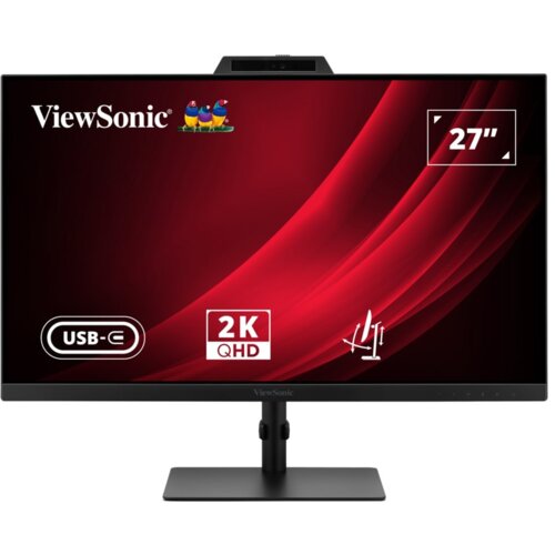 Monitor z czarną ramką i czerwonym tłem na ekranie, z widocznymi napisami: "ViewSonic", "USB-C", "2K QHD", "27”". Na ekranie znajduje się również logo z trzema kolorowymi ptakami.