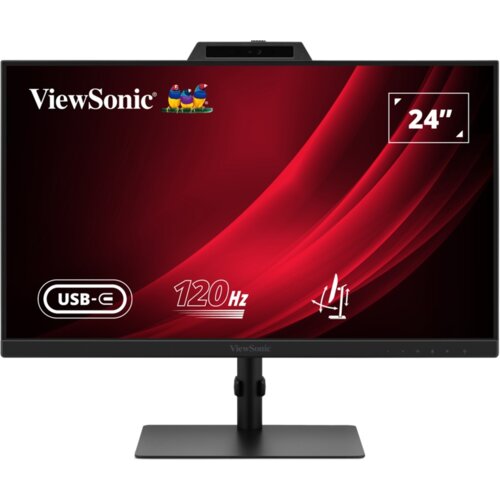 Monitor marki ViewSonic z ekranem o przekątnej 24 cale, wyświetla czerwone tło z logo ViewSonic oraz napisami "USB-C", "120 Hz".