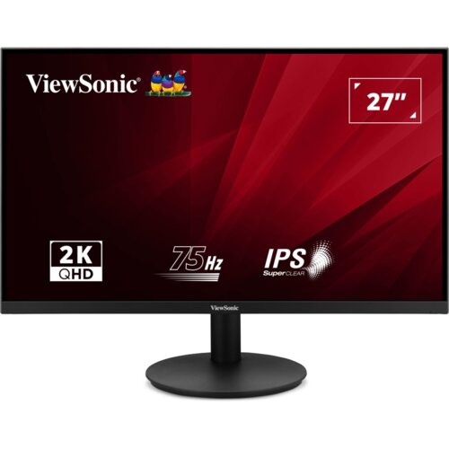 Monitor z czarną ramką i okrągłą podstawą, na ekranie widoczne logo "ViewSonic" oraz kolorowe ptaki, a także napisy: "2K QHD", "75 Hz", "IPS SuperClear" i "27"". Tło ekranu jest czerwone z geometrycznymi wzorami.