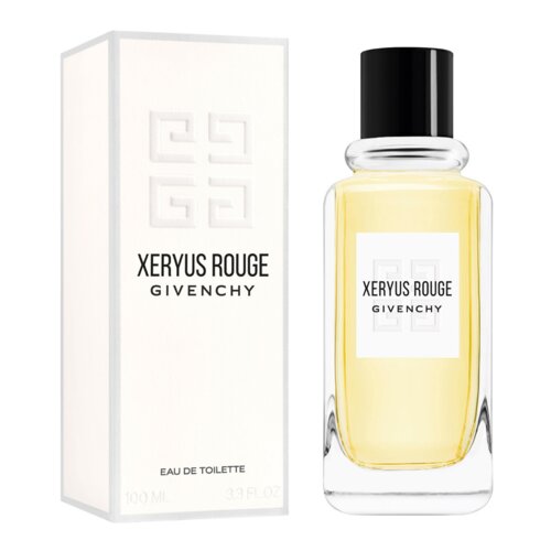 Na zdjęciu widoczna jest butelka wody toaletowej oraz pudełko z napisem "XERYUS ROUGE GIVENCHY". Na pudełku znajduje się również napis "EAU DE TOILETTE 100 ML 3.3 FL OZ".