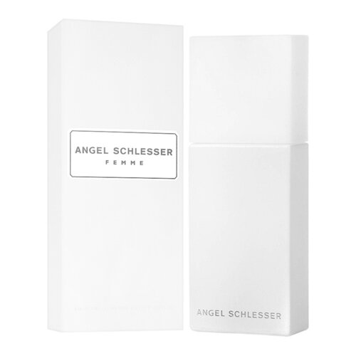 Białe opakowanie i flakon perfum z napisem "ANGEL SCHLESSER FEMME" na opakowaniu oraz "ANGEL SCHLESSER" na flakonie. Oba elementy mają minimalistyczny design.