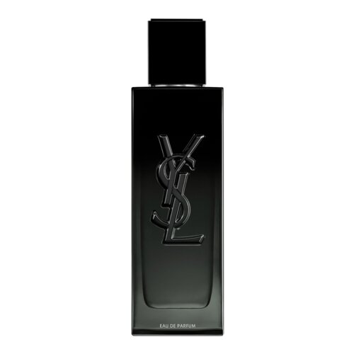 Czarny flakon perfum z wytłoczonym logo "YSL" na przedniej stronie, poniżej widoczny napis "EAU DE PARFUM".