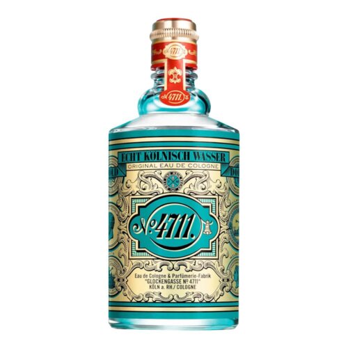 Butelka wody kolońskiej o pojemności 200 ml z etykietą w kolorze turkusowym i złotym, z napisem "No. 4711" oraz "Echt Kölnisch Wasser Original Eau de Cologne". Na etykiecie widnieje również tekst "Eau de Cologne & Parfumerie-Fabrik Glockengasse No 4711 Köln a. Rh. / Cologne".