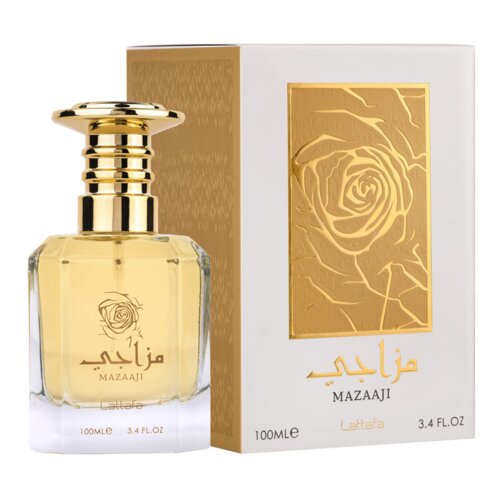 Flakon perfum o pojemności 100 ml z przezroczystego szkła z widocznym złotym korkiem, obok znajduje się pudełko z wytłoczonym złotym wzorem róży. Na flakonie i pudełku widnieje napis: "Lattafa Mazaaji 100ML 3.4 FL.OZ".
