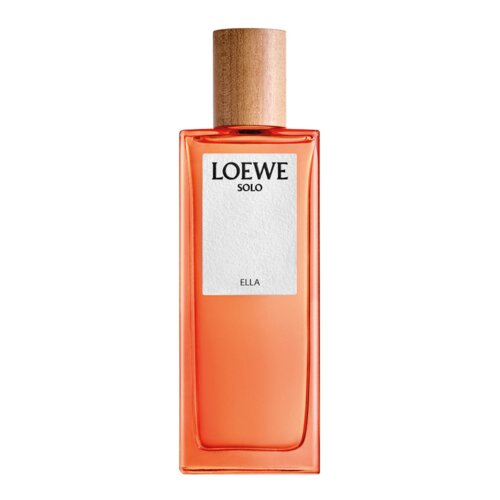 Prostokątna butelka perfum w kolorze pomarańczowym z drewnianym korkiem, na której widnieje etykieta z napisem "LOEWE SOLO ELLA".