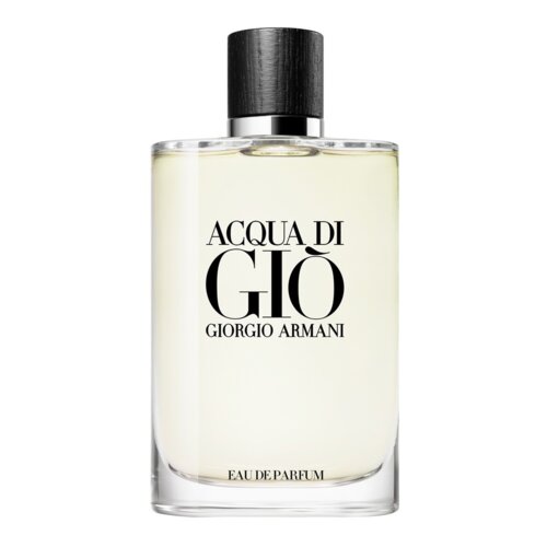 Przezroczysta butelka z czarnym korkiem zawiera jasnożółty płyn, na której widnieje napis: "ACQUA DI GIÒ GIORGIO ARMANI" oraz "EAU DE PARFUM".