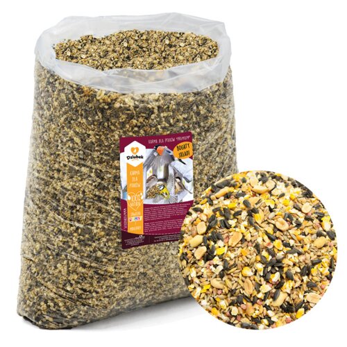Worek z karmą dla dzikich ptaków FLORAZOO Premium 10kg, z widoczną etykietą zawierającą tekst: "Karma dla ptaków Premium", "Bogaty skład", "100% natury", "Dziubek". Obok worka znajduje się zbliżenie mieszanki nasion i ziaren.