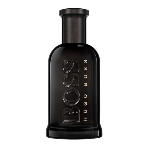 Czarno-szara butelka perfum o eleganckim, cylindrycznym kształcie z wytłoczonym napisem "BOSS HUGO BOSS". Butelka ma matowe wykończenie i ciemny korek.
