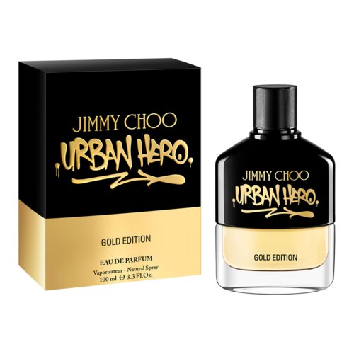 Czarno-złote opakowanie i flakon perfum z napisem "Jimmy Choo Urban Hero Gold Edition". Na opakowaniu widnieje również tekst: "Eau de Parfum Vaporisateur - Natural Spray 100 ml e 3.3 FL.OZ.".