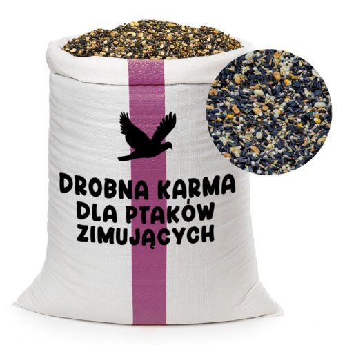 Biały worek z fioletowym paskiem i czarnym wizerunkiem ptaka zawiera napis: "Drobna karma dla ptaków zimujących". Obok znajduje się zbliżenie mieszanki nasion w różnych kolorach.