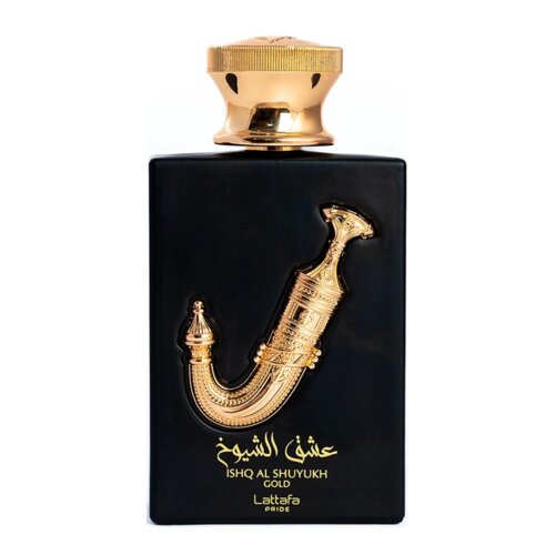 Czarny flakon perfum z ozdobnym złotym elementem w kształcie tradycyjnego arabskiego sztyletu, z napisem "Ishq Al Shuyukh Gold" oraz "Lattafa Pride" w dolnej części. Złoty korek ma gładką, błyszczącą powierzchnię.