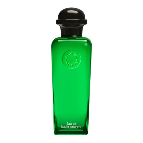 Zielona butelka z ciemnym korkiem, na której widnieje wytłoczony napis "COLOGNE HERMÈS" oraz biały napis "Eau de basilic pourpre".