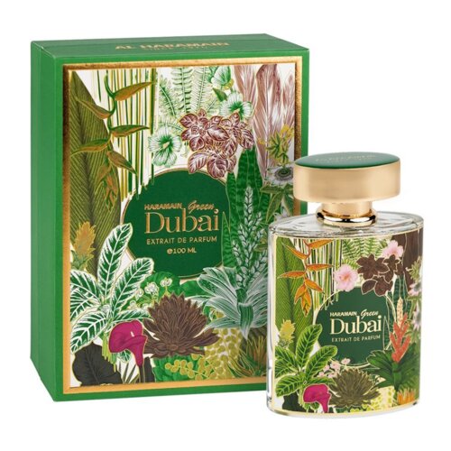 Zestaw składa się z zielonego pudełka i flakonu perfum, ozdobionych motywami roślinnymi. Na opakowaniu i butelce widnieje tekst: "Haramain Green Dubai Extrait de Parfum 100 ml".