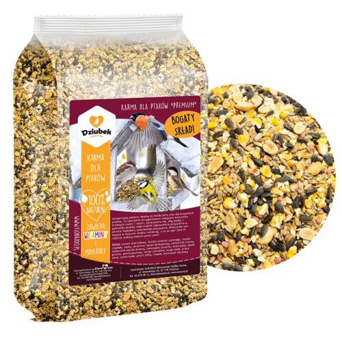 Opakowanie karmy dla ptaków "Premium" marki Dziubek, z widocznym napisem "Bogaty skład!", "100% naturalne", "Zawiera witaminy i minerały". Na etykiecie znajdują się zdjęcia ptaków oraz szczegółowy opis produktu.