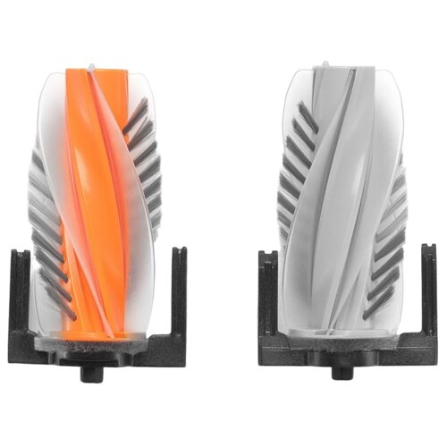 Dwa elementy szczotki obrotowej do urządzenia, jeden z pomarańczowym, a drugi z szarym spiralnym wzorem, umieszczone na czarnych podstawach. Szczotki mają przezroczyste osłony z widocznymi włosiami po bokach.