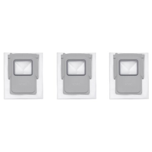 Na zdjęciu widoczne są trzy białe worki na kurz z szarymi plastikowymi zapięciami, na których znajduje się napis "ROMO". Worki są ułożone obok siebie na białym tle.