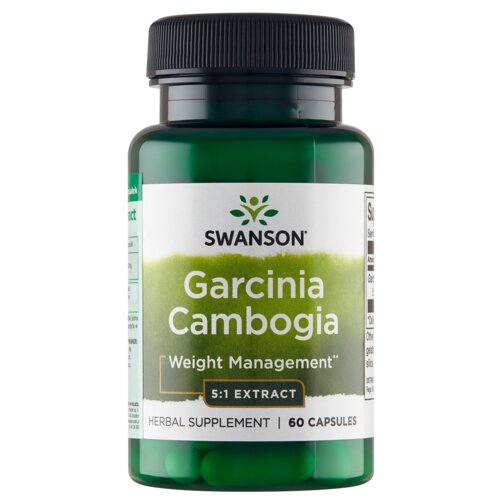 Zielona butelka z czarną zakrętką zawiera suplement diety SWANSON Garcinia Cambogia, z napisem "Weight Management" oraz "5:1 Extract" na etykiecie, a także informacją "HERBAL SUPPLEMENT | 60 CAPSULES".