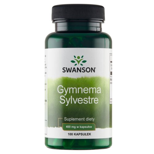 Butelka z ciemnozielonego plastiku z czarną nakrętką, na której widnieje etykieta z napisem: "SWANSON Gymnema Sylvestre, Suplement diety, 400 mg w kapsułce, 100 KAPSUŁEK". Na etykiecie znajduje się również zielony motyw graficzny.