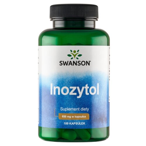 Zielona butelka z czarną zakrętką zawiera suplement diety marki Swanson o nazwie "Inozytol". Na etykiecie widnieje napis: "Suplement diety, 650 mg w kapsułce, 100 kapsułek".