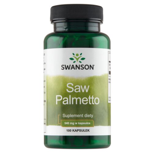 Zielona butelka z czarną zakrętką, na której etykiecie widnieje napis: "SWANSON Saw Palmetto, Suplement diety, 540 mg w kapsułce, 100 KAPSUŁEK". Etykieta ma biało-zielone tło z logo przedstawiającym stylizowane liście.