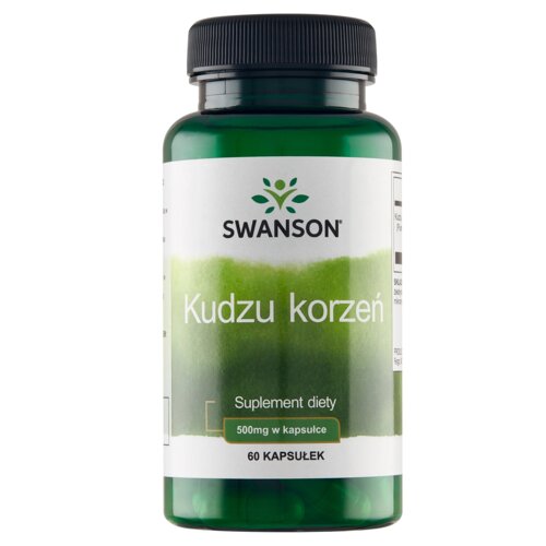 Zielona butelka z czarną zakrętką, na której etykiecie widnieje napis: "SWANSON Kudzu korzeń, Suplement diety, 500mg w kapsułce, 60 KAPSUŁEK". Etykieta ma zielone tło z białym tekstem.