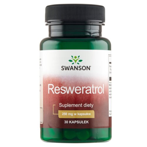 Zielona butelka z czarną zakrętką zawiera suplement diety SWANSON Resveratrol, 250 mg w kapsułce, 30 kapsułek. Etykieta jest w kolorze białym i bordowym z logo SWANSON na górze.