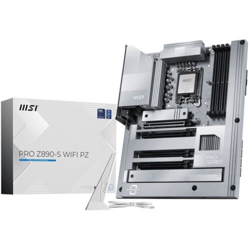 Płyta główna MSI z oznaczeniami "PRO SERIES" i "PROJECT ZERO" jest przedstawiona obok pudełka z napisem "PRO Z890-S WIFI PZ". Na pudełku widoczne jest logo MSI oraz dodatkowe oznaczenia technologiczne.