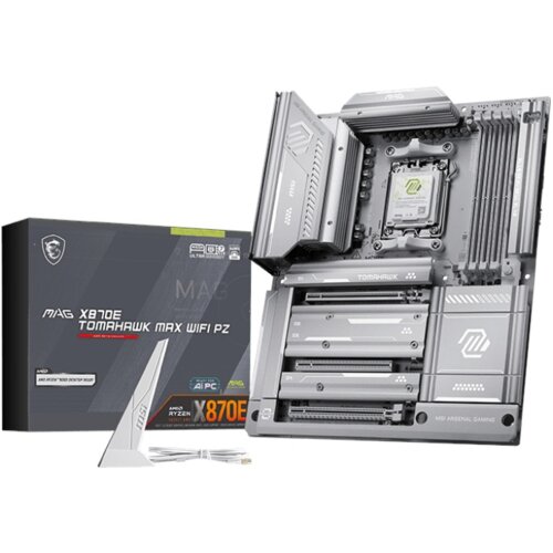 Na zdjęciu widoczna jest płyta główna z oznaczeniami "MAG X870E Tomahawk Max WiFi PZ" oraz pudełko z tym samym napisem. Obok znajduje się antena z logo MSI i kabel.