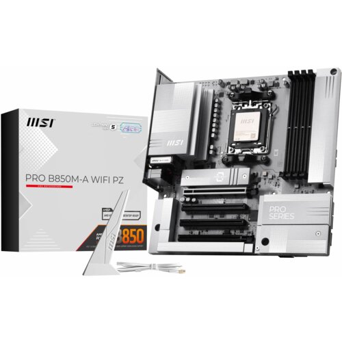 Płyta główna z oznaczeniem "PRO B850M-A WIFI PZ" jest przedstawiona obok pudełka z logo MSI i napisem "LIGHTNING GEN 5" oraz "PRO SERIES". Na zdjęciu widoczny jest również biały kabel i stojak.