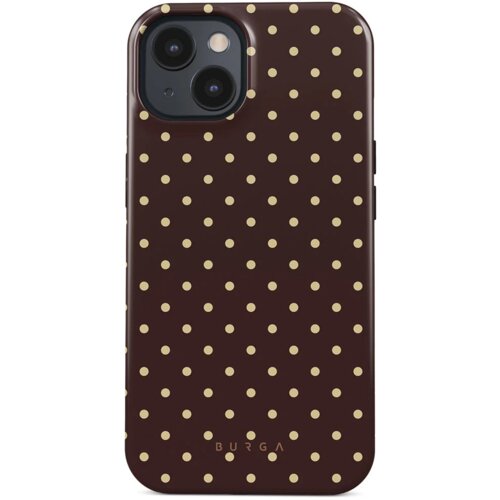 Etui na telefon w kolorze ciemnobrązowym z wzorem w jasne kropki, z widocznym logo "BURGA" na dole. W lewym górnym rogu znajduje się wycięcie na aparat z dwoma obiektywami i lampą błyskową.