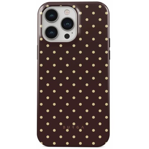 Brązowe etui na telefon z wzorem w jasne kropki, z wycięciem na aparat i logo "BURGA" u dołu. Produkt przeznaczony jest dla Apple iPhone 14 Pro Max.