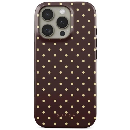 Na zdjęciu widoczne jest etui na telefon w kolorze brązowym z jasnymi kropkami, z wycięciem na aparat. Na dole etui znajduje się napis "BURGA".