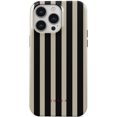 Etui na telefon z pionowymi czarno-beżowymi paskami, z widocznym wycięciem na aparat. Na dole etui znajduje się czerwony napis "BURGA".